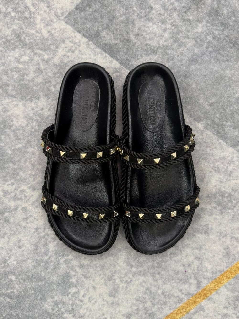 Women's Black Studded Slide Sandals, Gold Pyramid Stud Flat Sandals